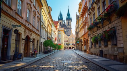 Historical city center with charming old architecture, cobblestone streets, and lively street cafes