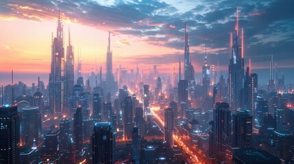 Futuristic cityscape with sleek high-rise buildings, neon lights, and advanced transportation systems