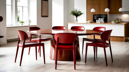 Obraz premium Modern Dining Room with Red Chairs and Wooden Table in Stylish Kitchen
