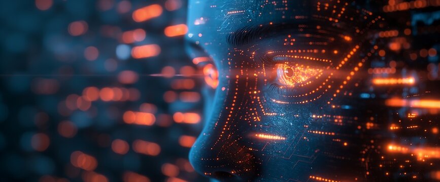 A dark blue background, a scene displaying the dangers of AI for cybersecurity, cybercrime