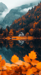 Phone wallpaper - cozy cabin near a lake in autumn
