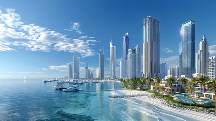 Obraz premium Panoramic view of a coastal city with modern skyscrapers, sandy beaches, and a bustling marina