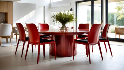 Fototapeta premium Modern Dining Room with Red Chairs & Round Table in Contemporary Interior Design