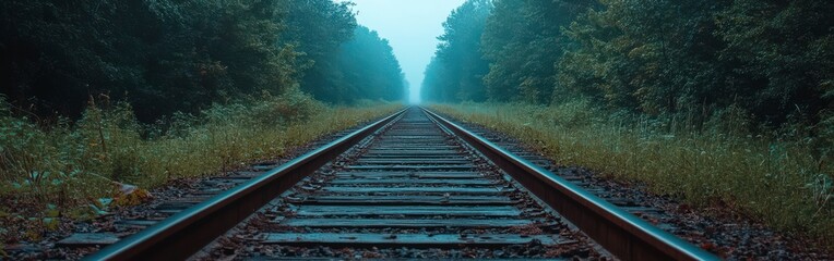 Fototapeta premium Mysterious Train Tracks Through Misty Forest