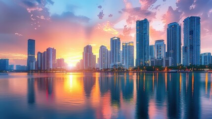 Fototapeta premium Urban cityscape with a blend of historic landmarks and contemporary high-rises, set against a vibrant sunset sky