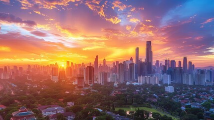 Fototapeta premium Urban cityscape with a blend of historic landmarks and contemporary high-rises, set against a vibrant sunset sky