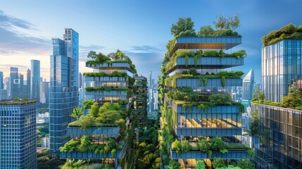 Obraz premium Modern cityscape with glass-fronted skyscrapers, green rooftop gardens, and a clear blue sky