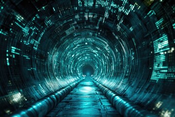 Interactive futuristic tunnel. Digital flow of big data in cyberspace.	
