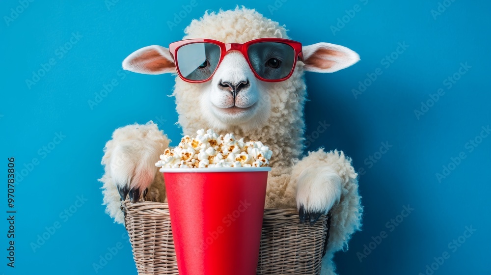 Wall mural Funny hipster sheep with fashion sunglasses holds a red cup of cola and a basket of popcorn rest and watching a movie on a blue background. Creative idea rest. Happy fun animal concept