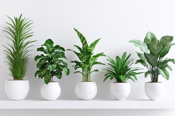 Tropical houseplants in white pots on shelf against wall.