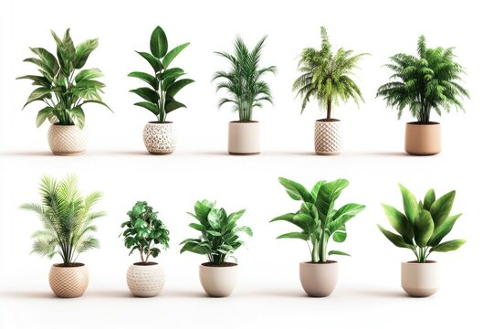 collection set of houseplants in flower pot  isolated on white background