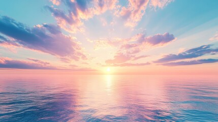 Obraz premium Cirrus clouds tinted pink by the sun at sunset over a calm blue ocean