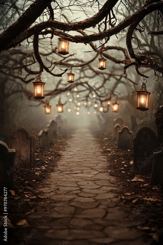 Poster a haunted garden path lined with flickering lanterns, spooky gravestones, and ghostly figures standi