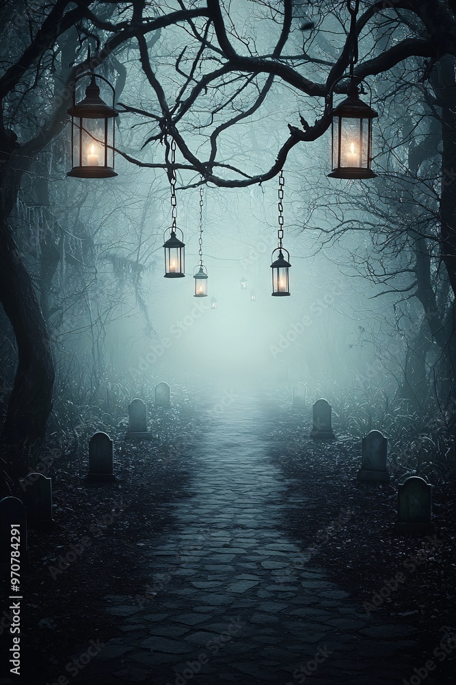Poster a haunted garden path lined with flickering lanterns, spooky gravestones, and ghostly figures standi