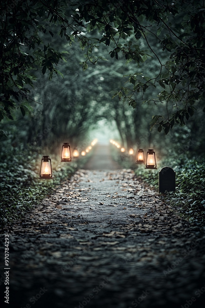 Aufkleber a haunted garden path lined with flickering lanterns, spooky gravestones, and ghostly figures standi