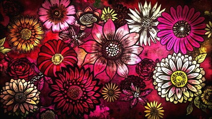 Colorful Floral Pattern, Hand-Painted Style on Dark Background
