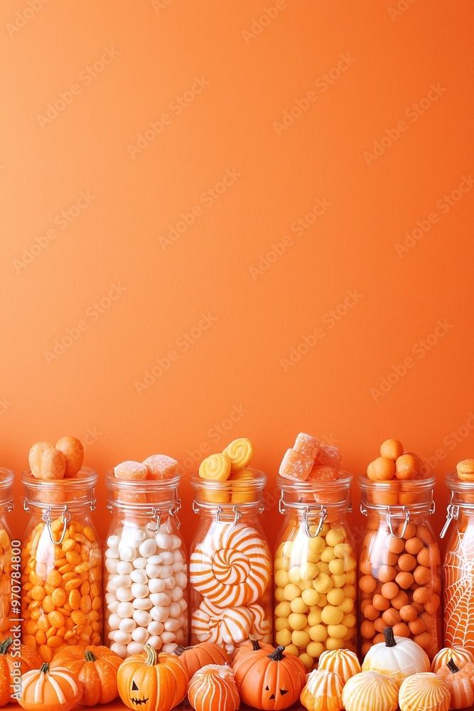 Poster a halloween candy bar setup with an assortment of sweets, set against a simple background with plent