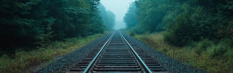 Fototapeta premium Mysterious Train Tracks Through Misty Forest