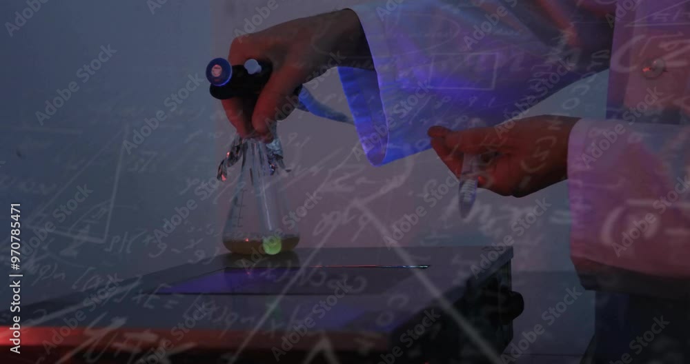 Poster animation of mathematical equations over caucasian scientist doing experiment in lab