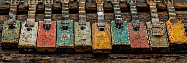 Row of Colorful Vintage Guitars Made from Cigar Boxes