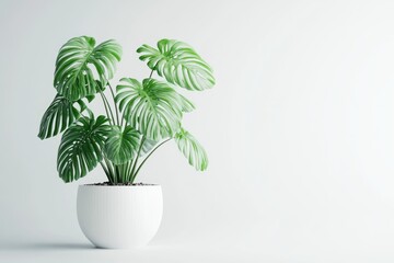 Monstera Deliciosa plant in white platic pot with isolated white background