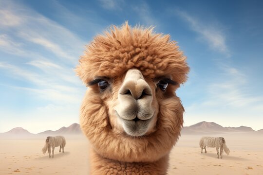 Alpaca gazing playfully in a desert landscape with distant sheep under a clear blue sky