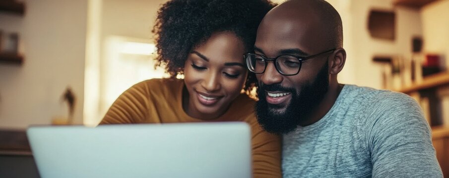 Close-up of a couple using a laptop together in a cozy home setting, focusing on teamwork and collaboration. The image captures a moment of connection, learning, and productivity. - Powered by Adobe