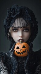 A close-up of a Gothic Lolita girl in a dark lace bonnet and dress, holding a small pumpkin with a spooky face. The background is a minimalist dark gradient, leaving plenty of copy space.