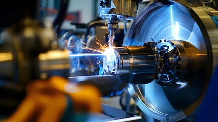 A machine is in the process of cutting metal. Concept of precision and focus, as the machine is working to create a specific shape or design