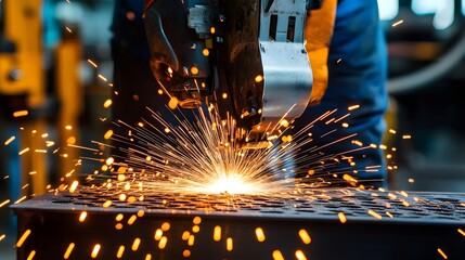 A metal cutting machine is in the foreground with sparks flying out of it. Concept of power and energy, as well as the potential danger of working with such equipment