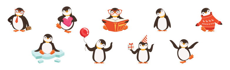 Cute Penguin Character Engaged in Different Activity Vector Set