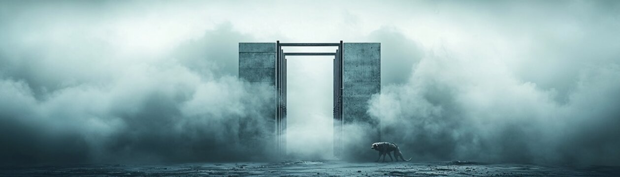 A spooky Greek underworld scene featuring Persephone and Cerberus guarding the gates, set against a backdrop of dark skies and mist. The composition allows for plenty of copy space.