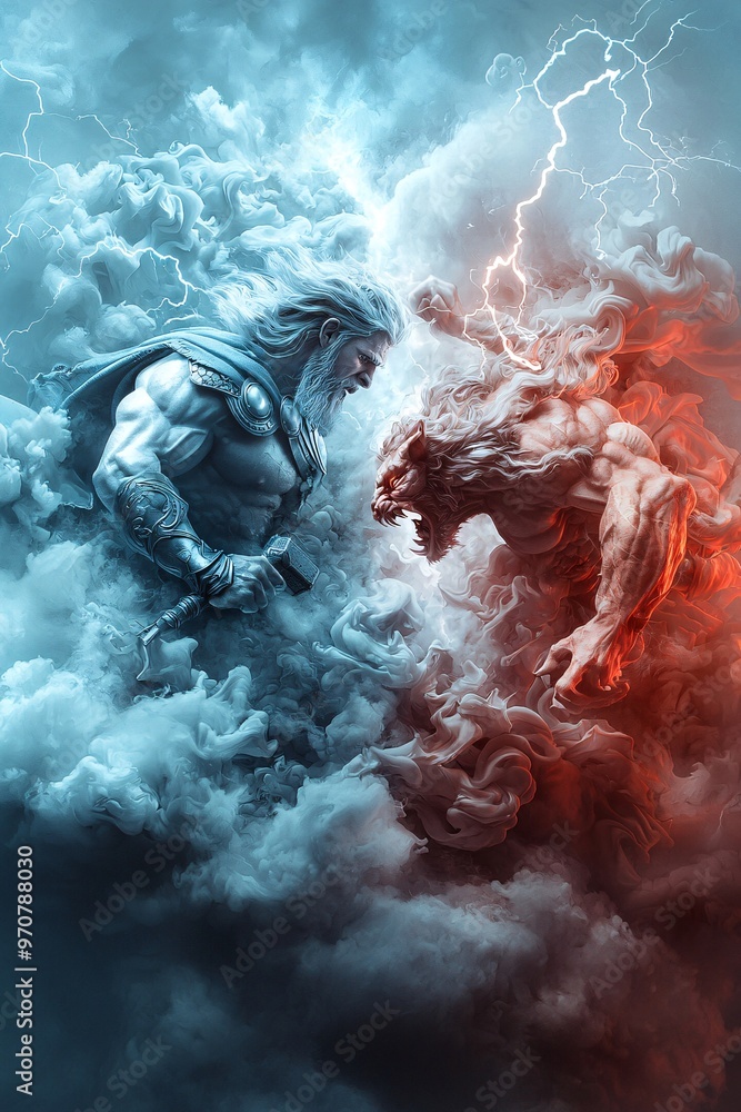 Poster a stormy, mystical battlefield featuring thor clashing with mythological beasts, with lightning stri