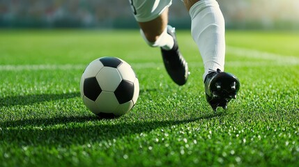 Obraz premium Precision Kick - Close-Up of Football Player's Leg in Mid-Swing on Green Grass Field