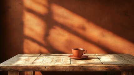 A rustic wooden coffee table placed against a rich brown background, symbolizing warmth and natural textures.