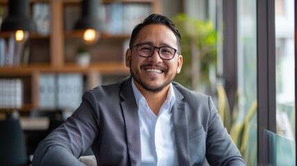 Obraz premium Happy confident Latino businessman smiling and sitting in his modern office with copy space, concept of successful business owner, manager, small business, self employed banner, boss