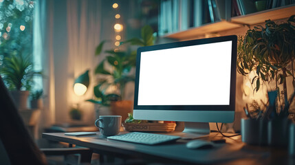 A close-up of a blank computer screen in a cozy home office setting with plants