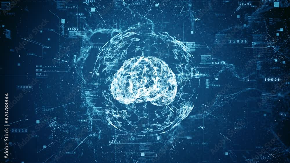 Poster digital brain is encased in a global structure, global connectivity, ai technology, and data network