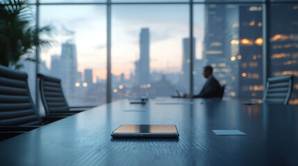 Obraz premium A sleek modern conference room with a smartphone on the table and a blurred cityscape view at sunset