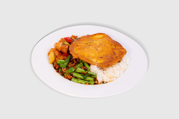 fish with vegetables and egg on White Isolated Background