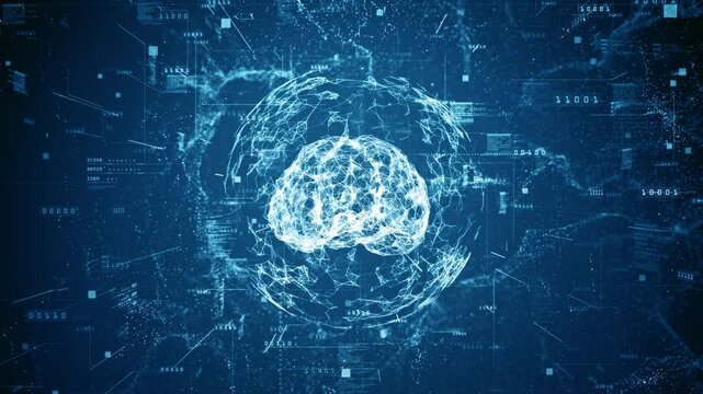 Digital brain is encased in a global structure, Global connectivity, AI technology, and data networks in a futuristic environment. Future technology artificial intelligence data network