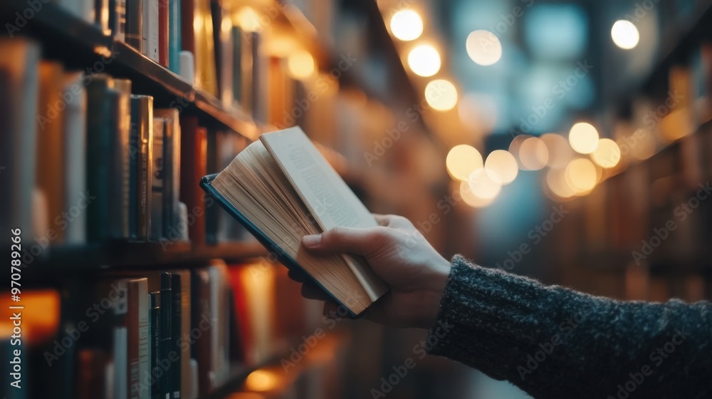 Wall mural Male hand pulling book from bookshelf in public library in university, college or high school,choosing and picking off book from bookshelf ,from bookcase in bookshop store,Education and literature.