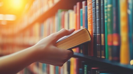 Male hand pulling book from bookshelf in public library in university, college or high school,choosing and picking off book from bookshelf ,from bookcase in bookshop store,Education and literature.