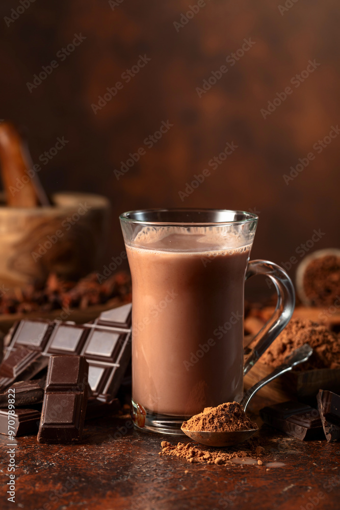 Wall mural glass of cocoa drink with ingredients on a brown table.