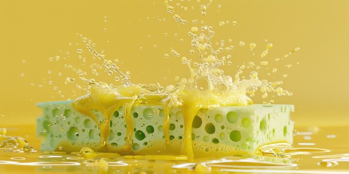 A piece of sponge with a lot of water on top, great for kitchen or science demonstrations