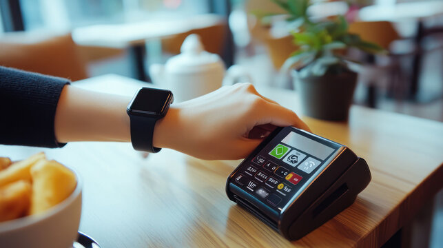 Customer at self-service Counter Buys coffee, Paying with Contactless NFC Smartwatch Touching Terminal in cafe or store. contactless payment, payment without queues, no cash