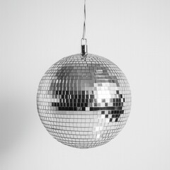 Fototapeta premium Silver disco mirror ball against white background for party decor and event design