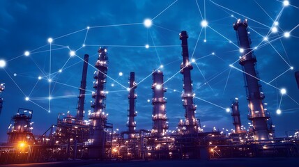 A city skyline with a network of dots connecting the buildings. Concept of connectivity and interdependence between the various structures in the city