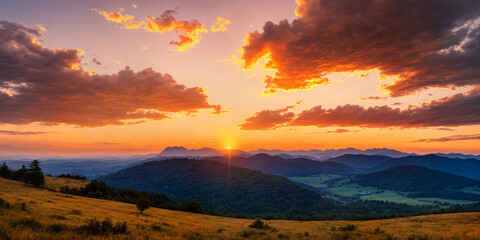 Obraz premium Golden hour sunset over mountain peaks, with calm orange skies and tranquil light creating a peaceful atmosphere perfect for capturing the serene beauty of nature during summer’s relaxing moments