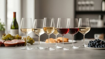 High-quality, minimalist, bright and realistic photos of a wine tasting event, with elegantly arranged glasses, a variety of wines, and clean, modern decor, focusing on the sensory experience